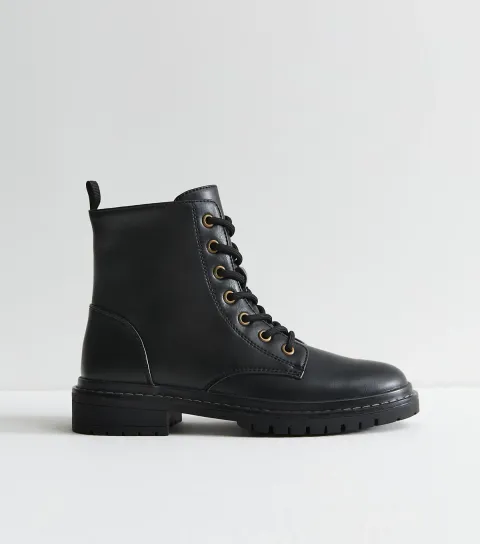 Women's Black Faux Leather Stitch Trim Lace Up Ankle Boots Vegan