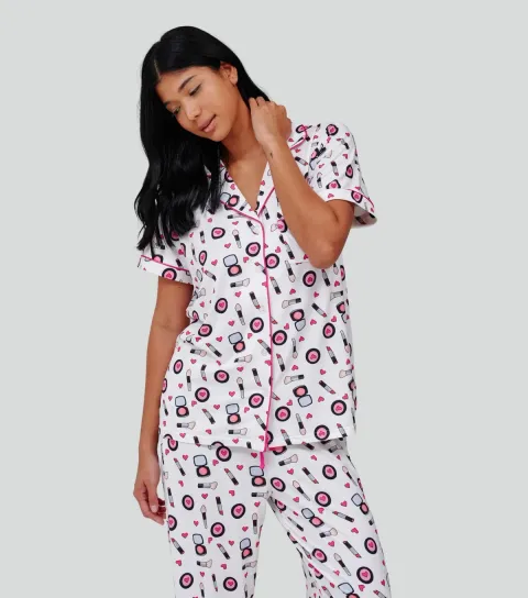 Women's Pink Makeup Print Short Sleeve Pyjama Set