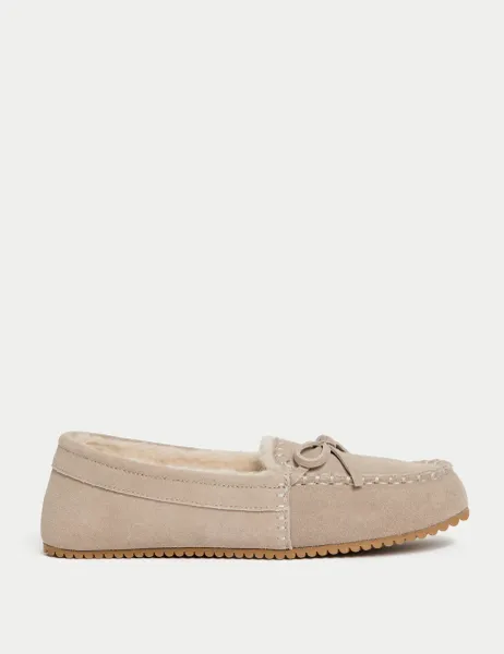 Marks & Spencer Suede Stitch Detail Moccasin Slippers Taupe