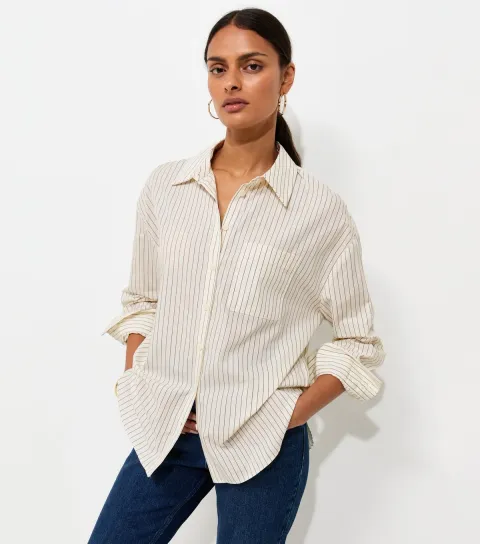 Women's Cream Cotton Striped Oversized Shirt