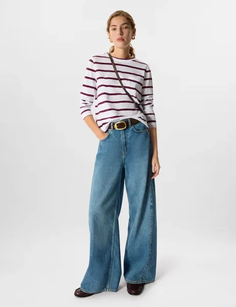 Whistles Pure Cotton Striped Top Burgundy Mix