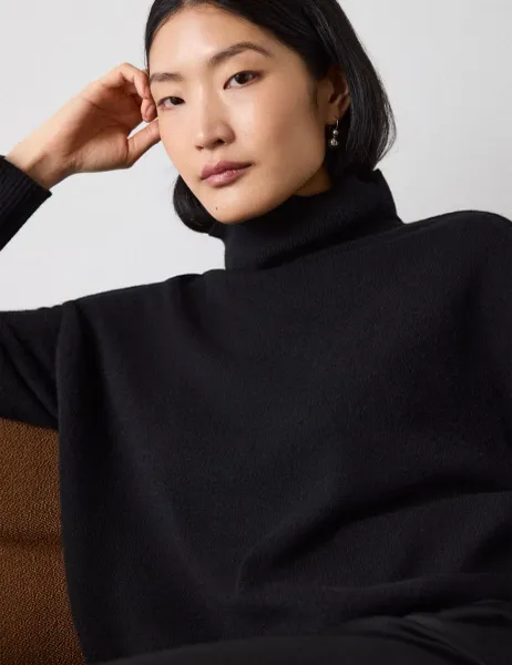 Whistles Pure Cashmere Roll Neck Seam Knitted Top Black
