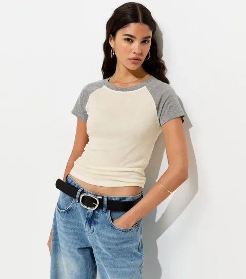Women's White Contrast Raglan Sleeve T-Shirt