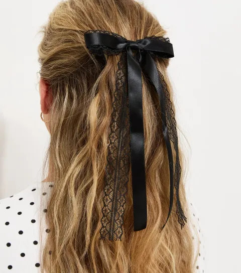 Black Satin Lace Bow Hair Clip
