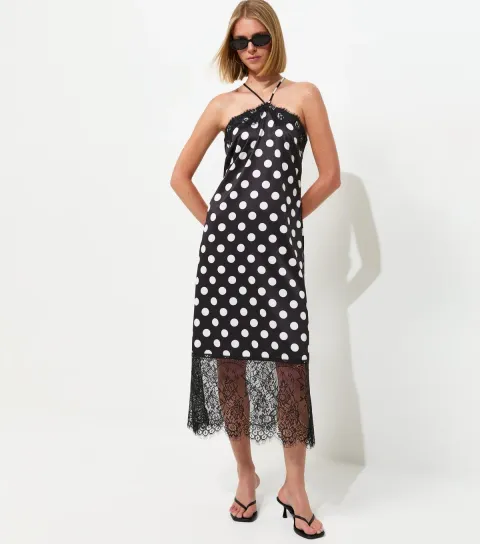 Women's Black Satin Lace Polka Dot Halterneck Midaxi Dress