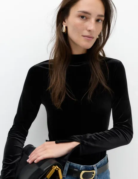 Marks & Spencer Velvet Funnel Neck Top Black