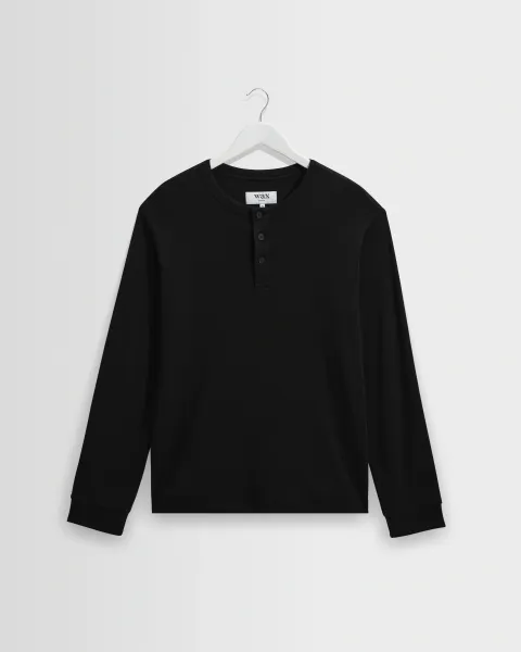 Caleb - Black Brushed Organic Cotton Henley Long-Sleeve t-Shirt