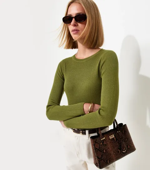 Women's Bright Green Ribbed Lightweight Crew Neck Jumper