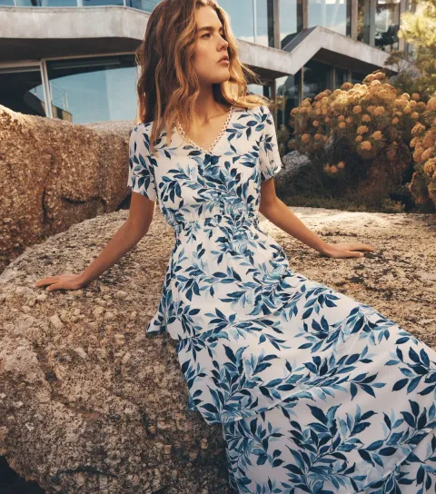 Women's Blue Leaf A-line Ruffle Dress