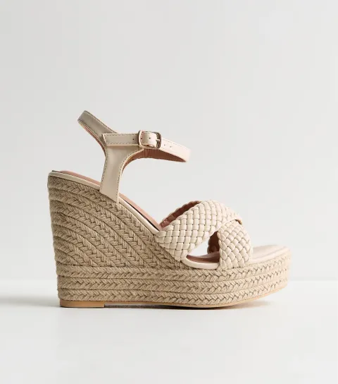 Women's Wide Fit Off White Faux Leather Braided Wedge Sandals Vegan