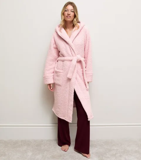 New Look Women's Light Pink Borg Hooded Dressing Gown
