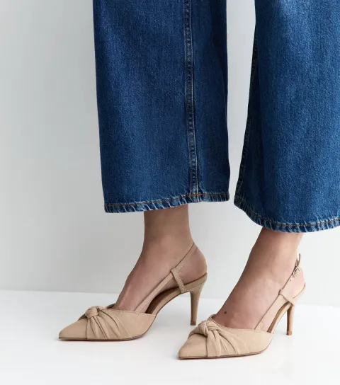 Women's Wide Fit Light Brown Faux Suede Knotted Slingback Court Shoes Vegan