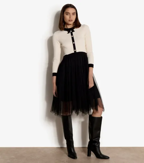 Apricot Women's Cream and Black Knit Long Sleeve Tulle Skirt Dress