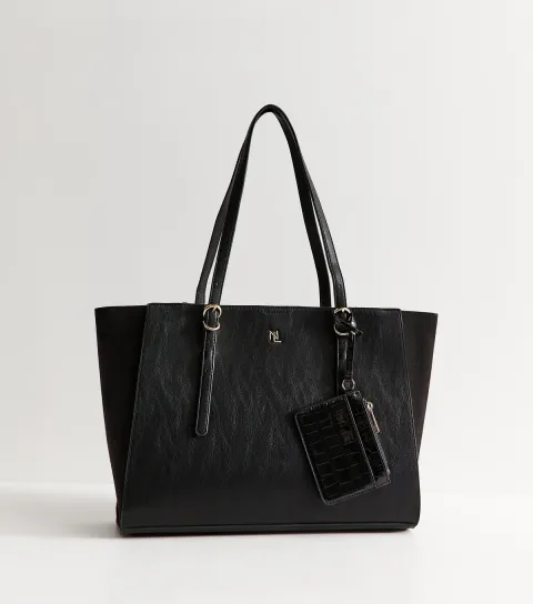 Black Faux Leather Detachable Purse Tote Bag Vegan