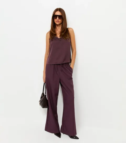 Women's Dark Burgundy Pull On Wide Leg Trousers