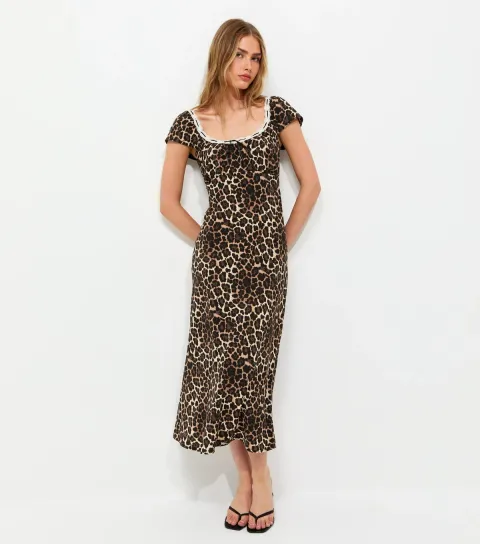 Women's Brown Leopard Print Flutter Sleeve Midi Dress