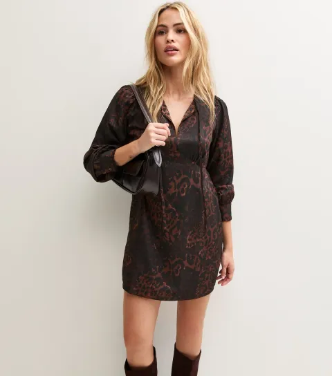 New Look Women's Brown Satin Leopard Print Front Neck Tie Long Sleeve Mini Dress