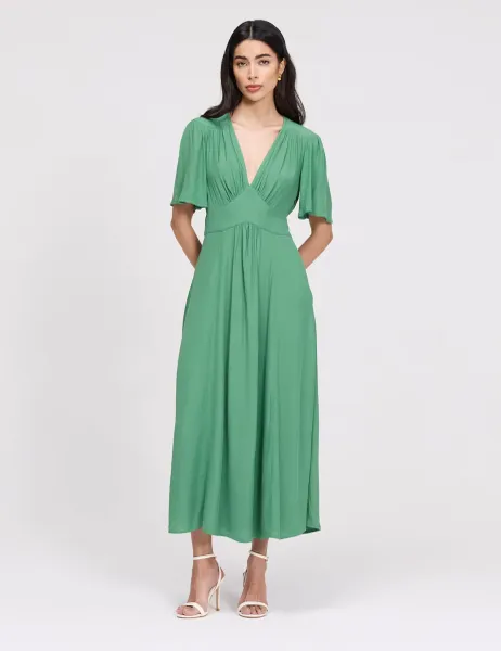 Ghost Crepe V-Neck Angel Sleeve Midi Tea Dress Green