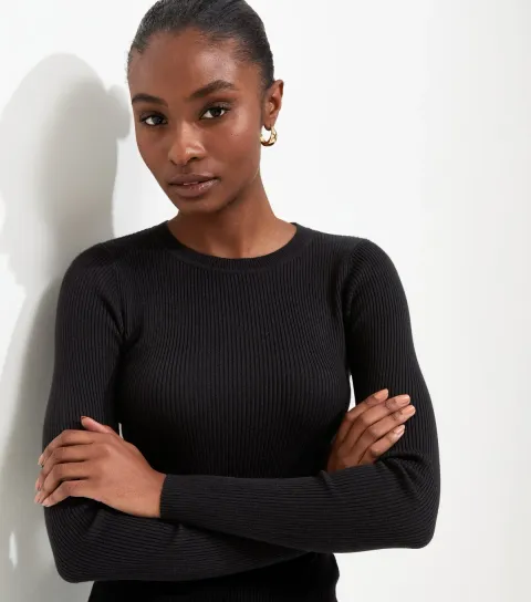 New Look Women's Black Ribbed Lightweight Crew Neck Jumper