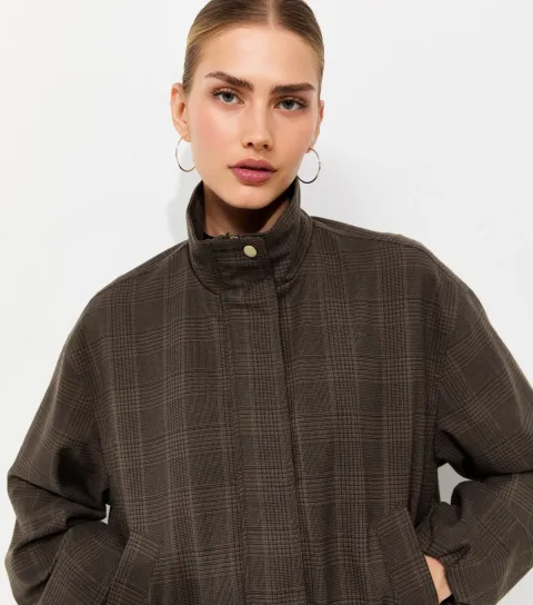 Women's Brown Checked Bubble Hem Jacket