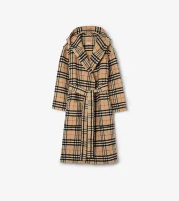 Check Wool Cashmere Robe in Sand beige