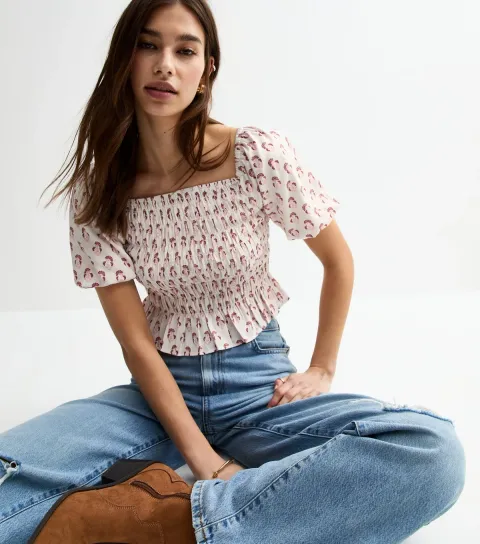 New Look Women's Cream Floral Print Shirred Top