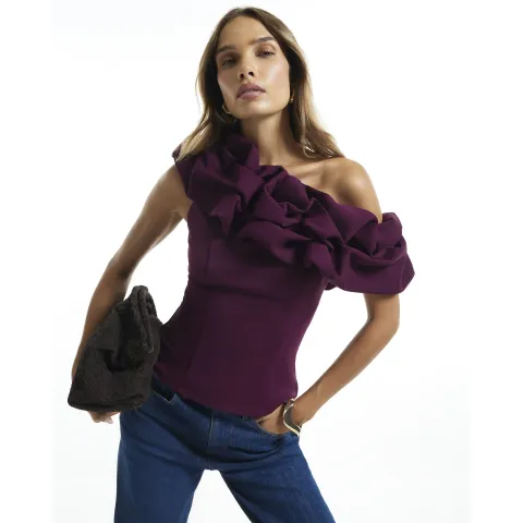 River Island Burgundy Ruffled One Shoulder Top