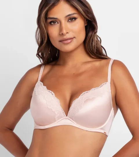 Women's Light Pink Lace Trimmed Plunge Bra