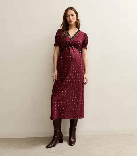 Women's Maternity Red Polka Dot Lace Trim Midi Dress