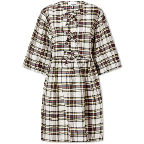 Silk Check Ribbon Mini Dress