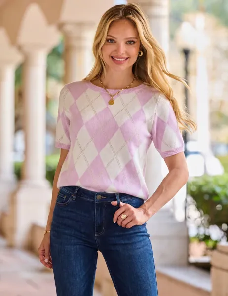 SOSANDAR Argyle Knitted Top Light Pink Mix
