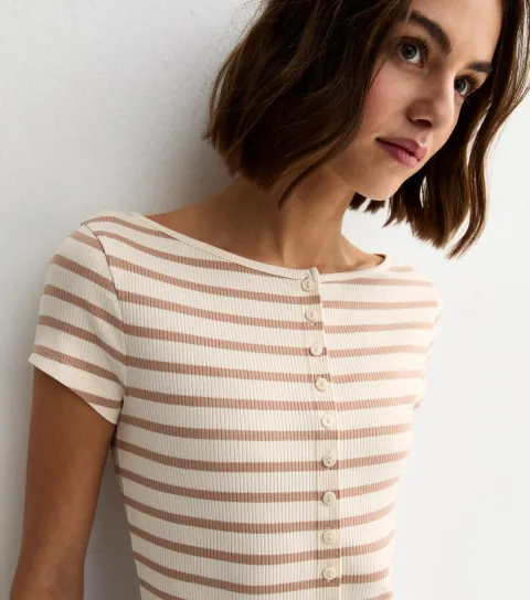 Women's White Striped Button Through Baby Tee