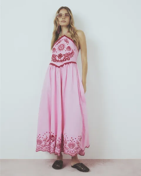 River Island Halter Neck Cutwork Hem Midi Dress