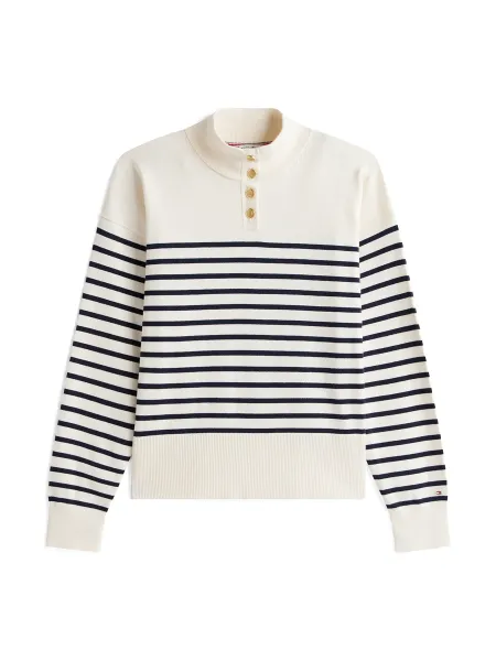 Tommy Hilfiger Stripe Gold-Tone Button Mock Neck Jumper