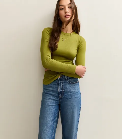 Women's Light Khaki Long Sleeve Ribbed Crew Neck Top