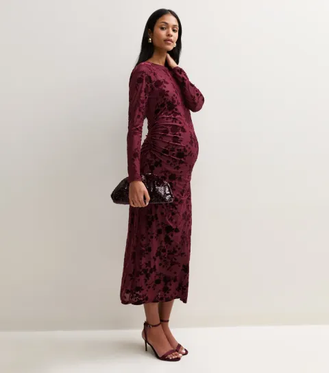New Look Women's Maternity Dark Burgundy Floral Flocked Long Sleeve Midi Dress