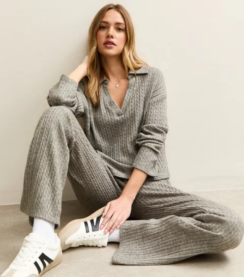 Women's Mid Grey Soft Touch Cable Knit Flared Trousers