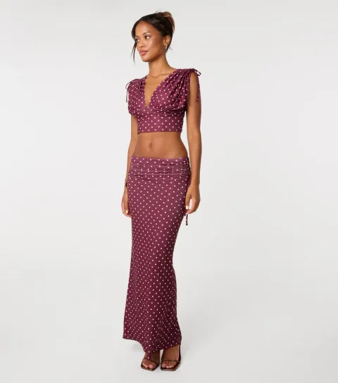 Pink Vanilla Women's Dark Burgundy Polka Dot Ruched Maxi Skirt