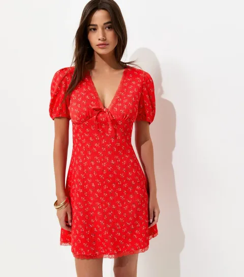 Women's Red Ditsy Floral Short Sleeve Mini Dress