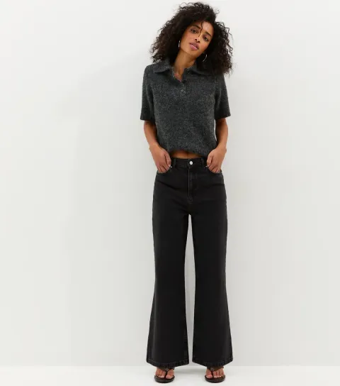 New Look Women's Washed Black Adalae High-Waist Wide Leg Jeans