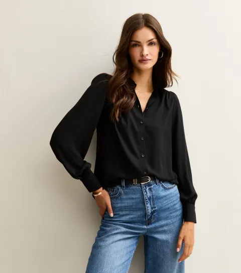 Women's Tall Black Gathered Long Sleeve shirt