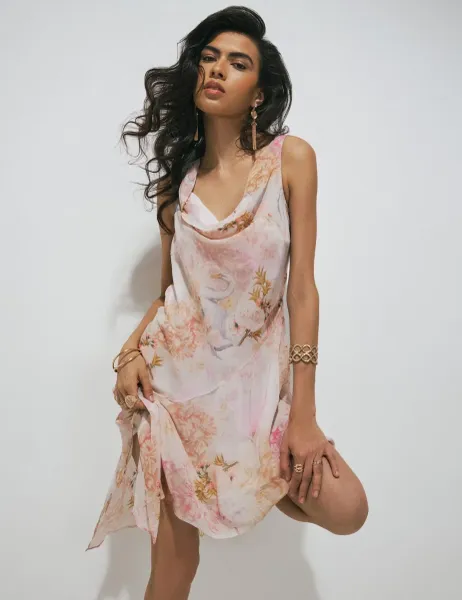 River Island Swan Print Cowl Neck Asymmetric Mini Dress