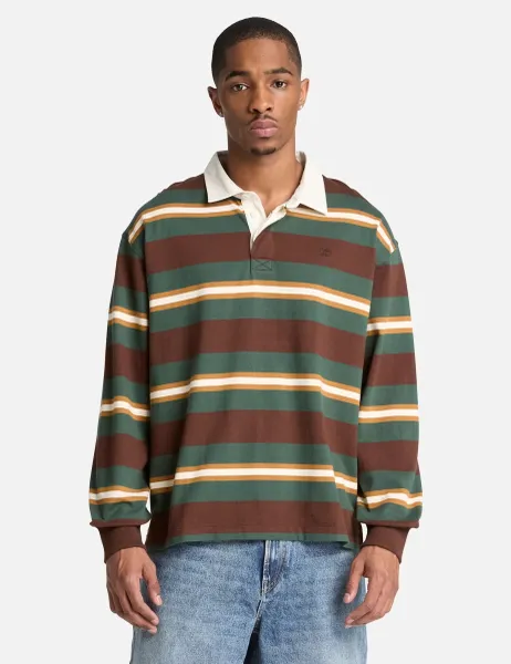Timberland Cotton Striped Long Sleeve Polo Top Dark Green Mix
