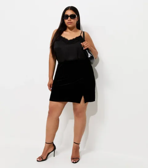 New Look Women's Plus Size Black Jersey Velvet Split Detail Mini Skirt Curves