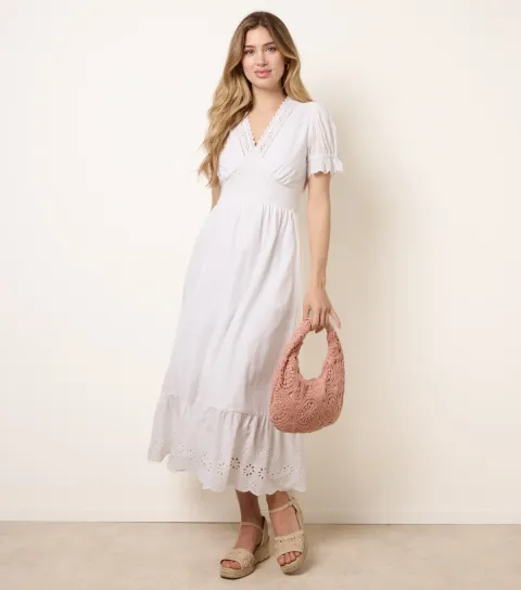 Women's Off White Cotton Broderie Anglaise Midi Dress