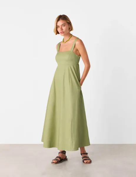 Whistles Pure Cotton Square Neck Midi Skater Dress Khaki