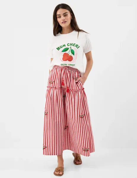Accessorize Pure Cotton Striped Embroidered Midi Skirt Red Mix