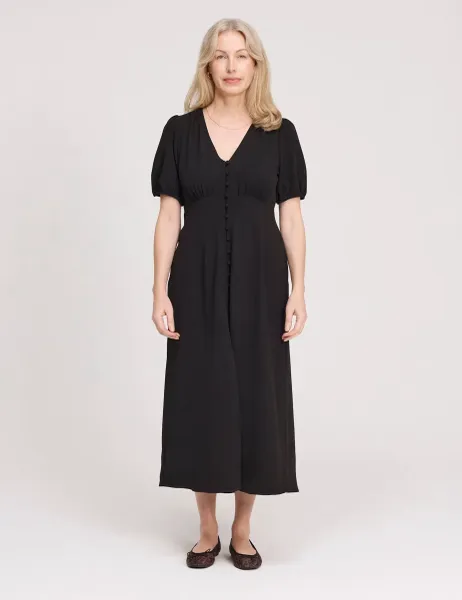 Finery London V-Neck Button Through Midi Tea Dress Black