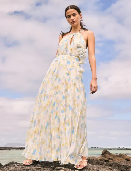 RO&ZO Floral Tie Neck Pleated Maxi Waisted Dress Multi