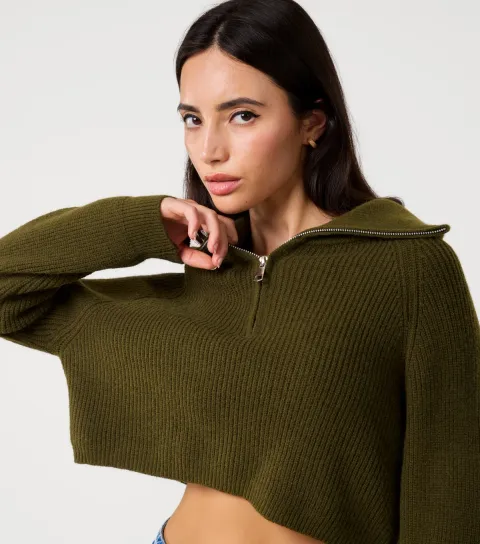 Women's Dark Khaki Half Zip Knit Jumper